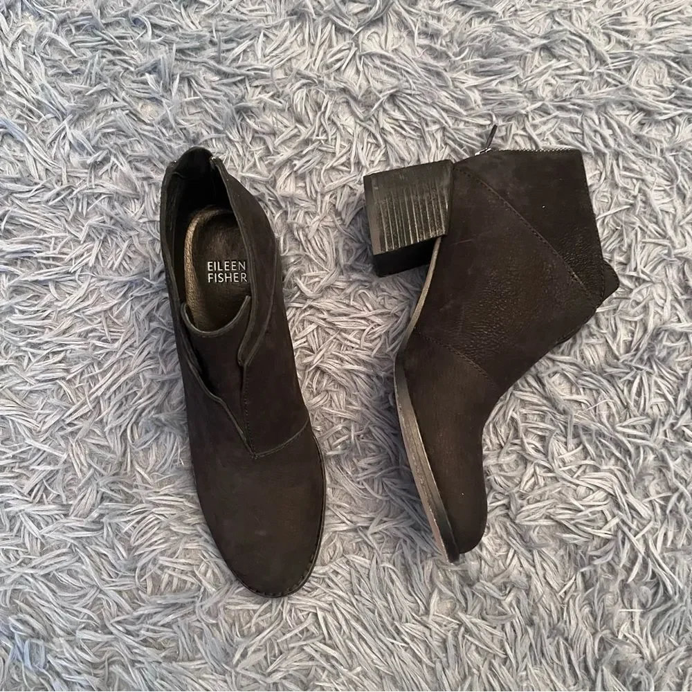 Eileen Fisher Womens Bren Ankle Booties Block Heel Black Leather Size 6